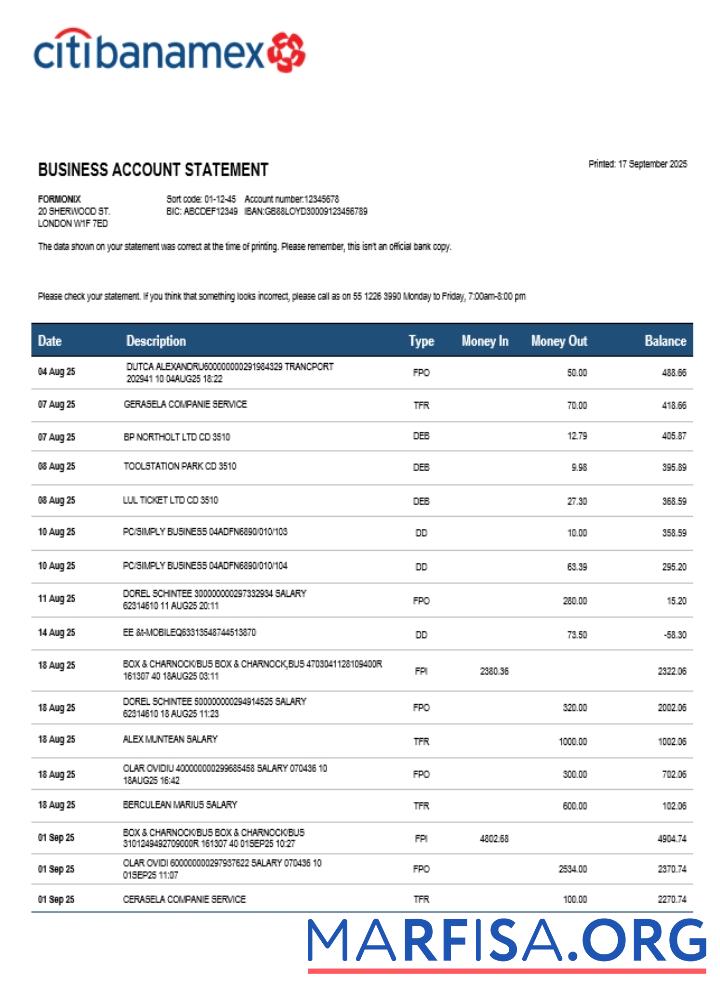 Printable Citibanamex bank business firm account bank statement Word and PDF format (1) download for verification